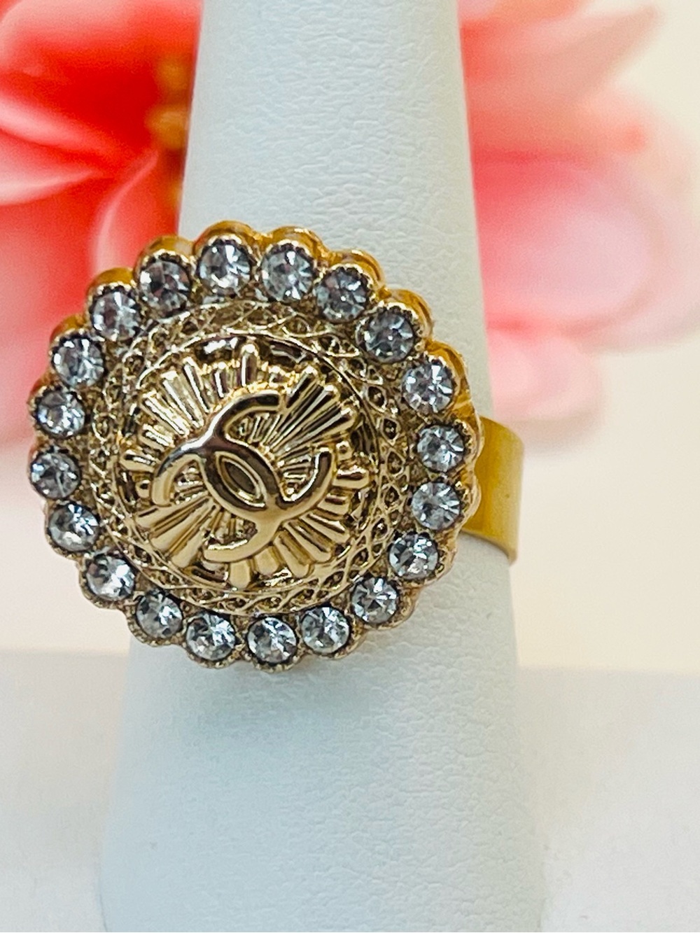 Adjustable round Gold tone Crystal Medallion Ring - Designer Inspired